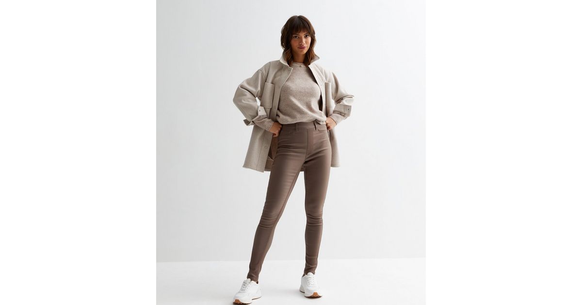 Mink Coated Leather-Look Mid Rise Lift Shape Emilee Jeggings New Look