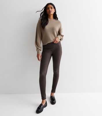 Dark Brown Coated Leather-Look Mid Rise Lift & Shape Emilee Jeggings
