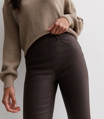 Dark Brown Coated Leather-Look Mid Rise Lift & Shape Emilee Jeggings New Look