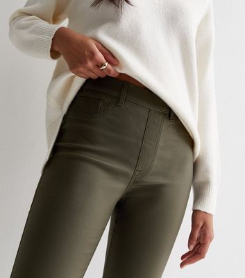 Khaki Coated Leather Look Mid Rise Lift Shape Emilee Jeggings