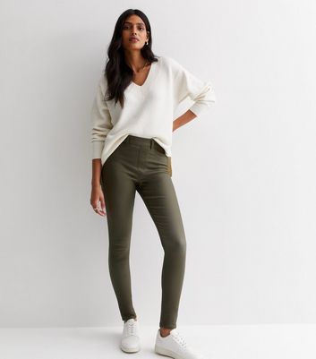 Khaki Coated Leather Look Mid Rise Lift Shape Emilee Jeggings
