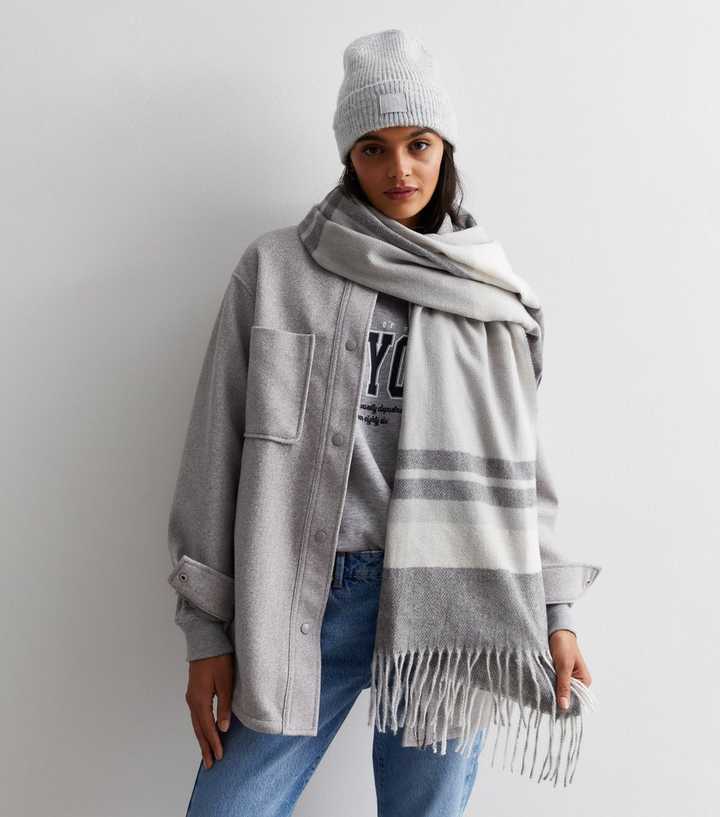 Light Grey Check Print Tassel Scarf