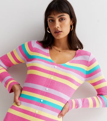 Sunshine Soul Pink Stripe Ribbed Knit Midi Dress New Look