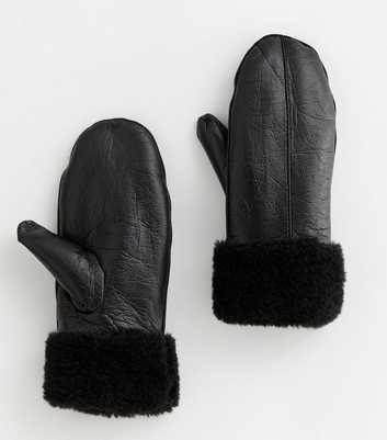 Black Leather-Look Faux Fur Trim Mittens