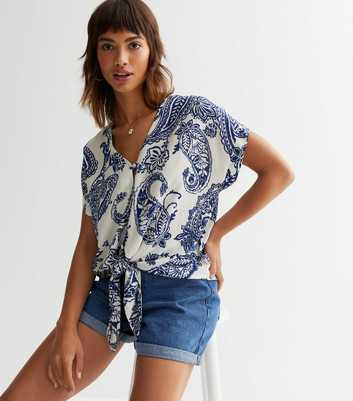 White Paisley Tie Front Short Sleeve Top