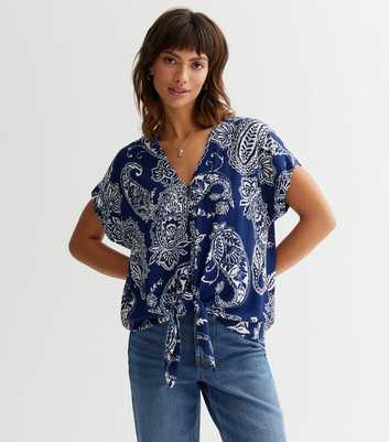 Blue Paisley Tie Front Short Sleeve Top