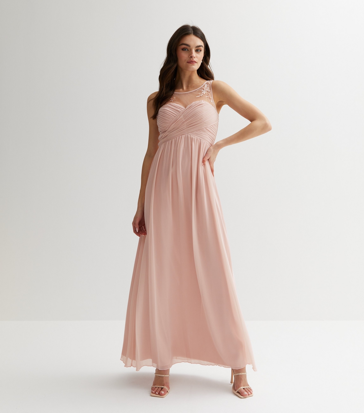 Women's Pink Mesh Pleated Chiffon Gem Embellished Maxi Dress Blue Vanilla New Look