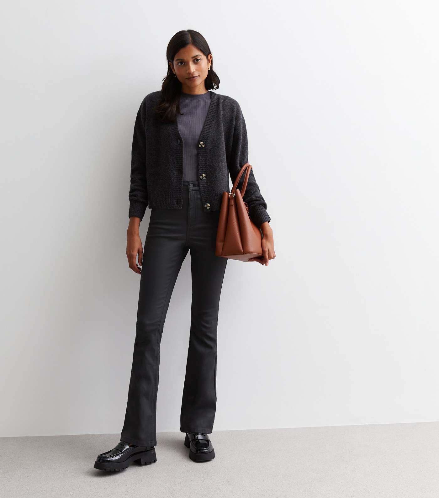 Black Coated Leather-Look High Waist Flared Brooke Jeans Image 4