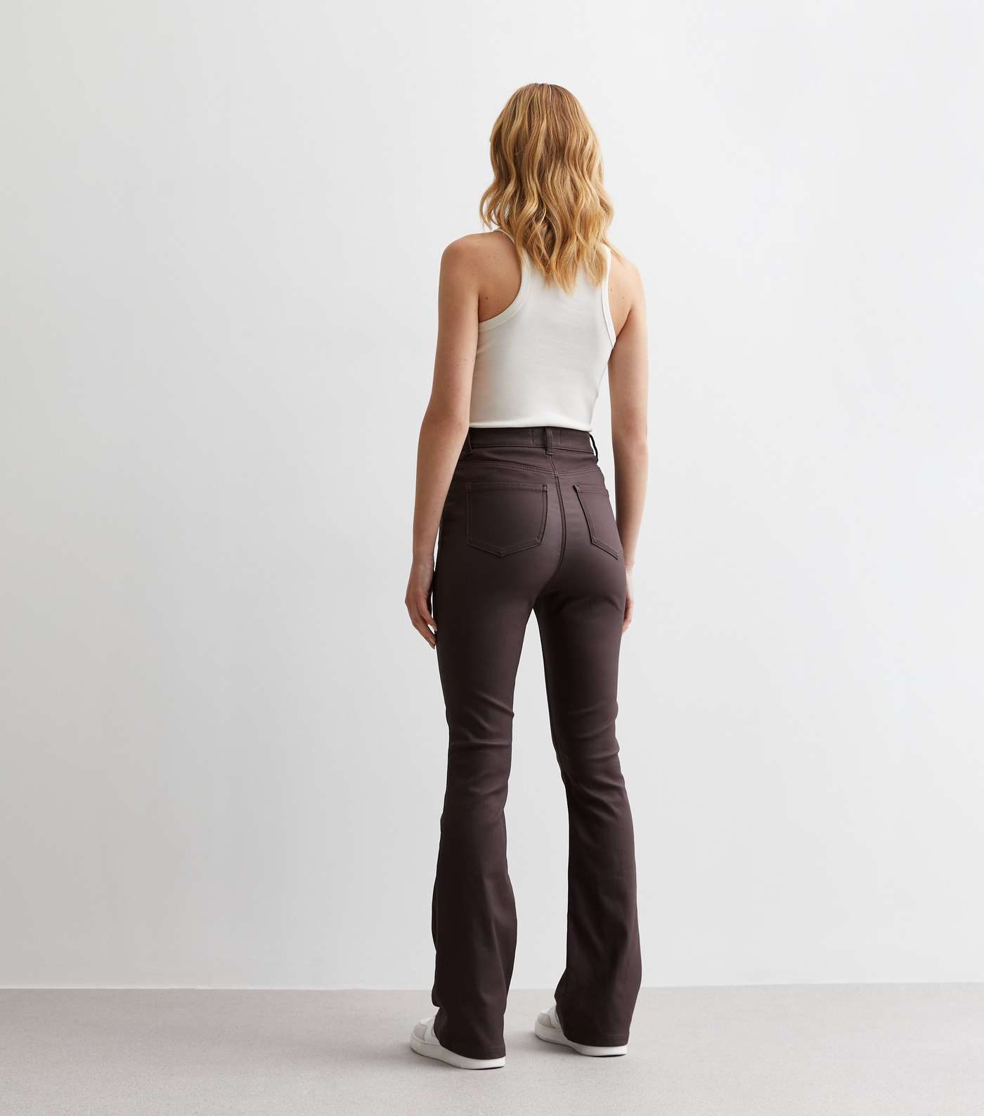 Dark Brown Coated Leather-Look High Waist Flared Brooke Jeans Image 3