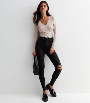 Washed Black High Waist Hallie Ripped Knee Skinny Jeans