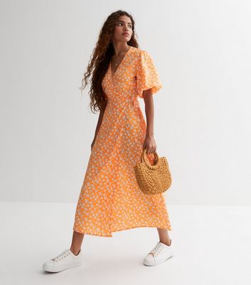Petite Orange Floral V Neck Wrap Midaxi Dress New Look