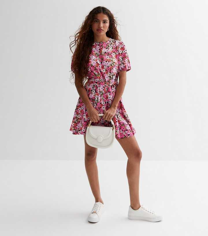 Petite Pink Floral Belted Waist Mini Dress