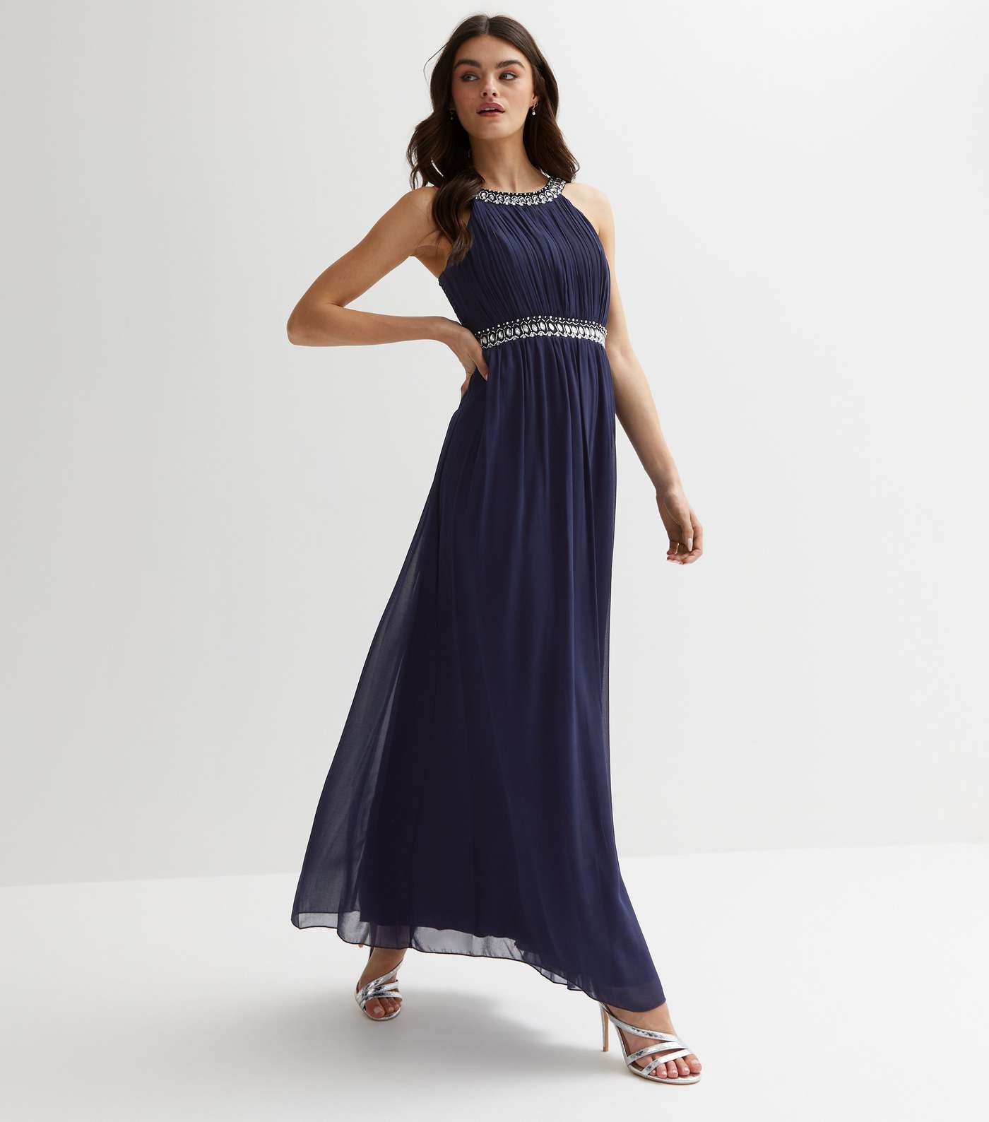 Blue Vanilla Navy Pleated Gem Beaded Maxi Dress Image 3
