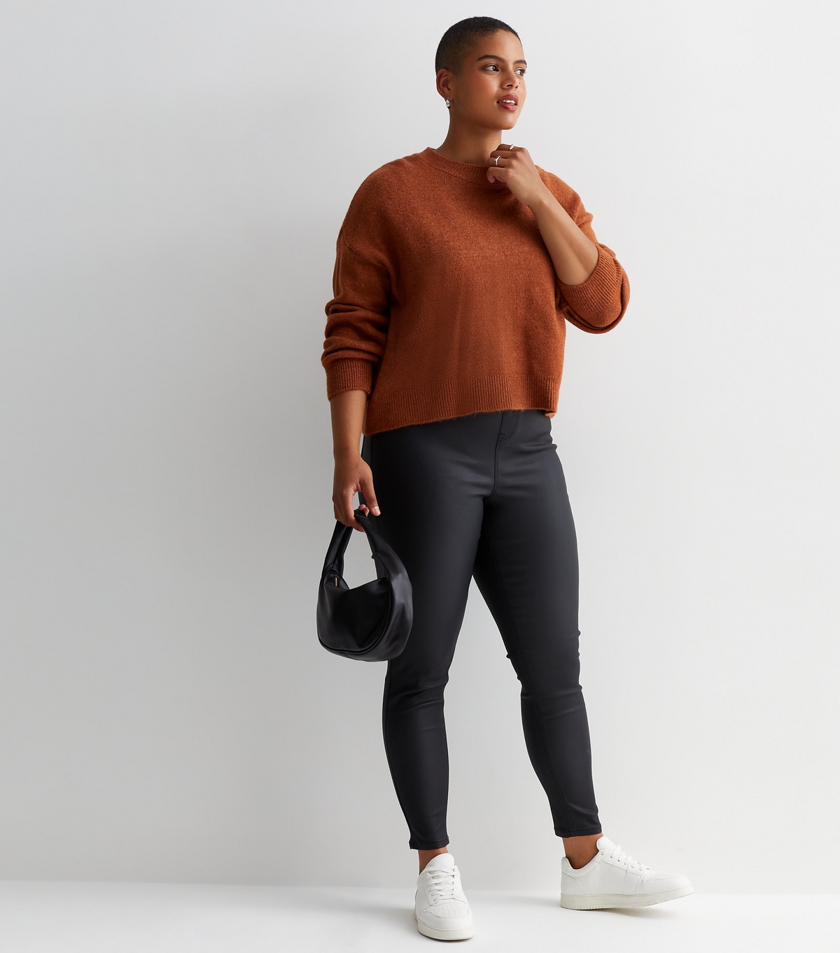 Women's Plus Size Black Coated Leather-Look Mid Rise Lift & Shape Emilee Jeggings Curves New Look