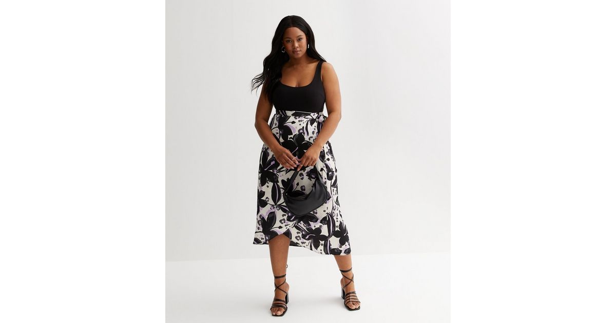 Curves Black Floral Satin Wrap Skirt New Look