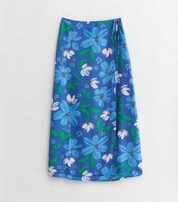 Tall Blue Floral Midi Wrap Skirt New Look