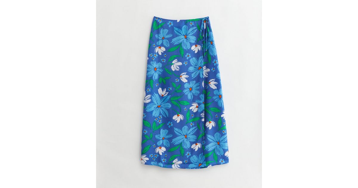 Tall Blue Floral Midi Wrap Skirt New Look