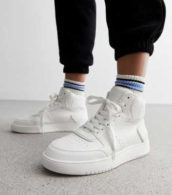 White Leather-Look Lace Up High Top Trainers