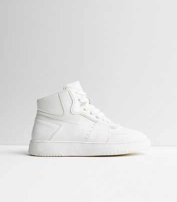 White Leather-Look Lace Up High Top Trainers New Look