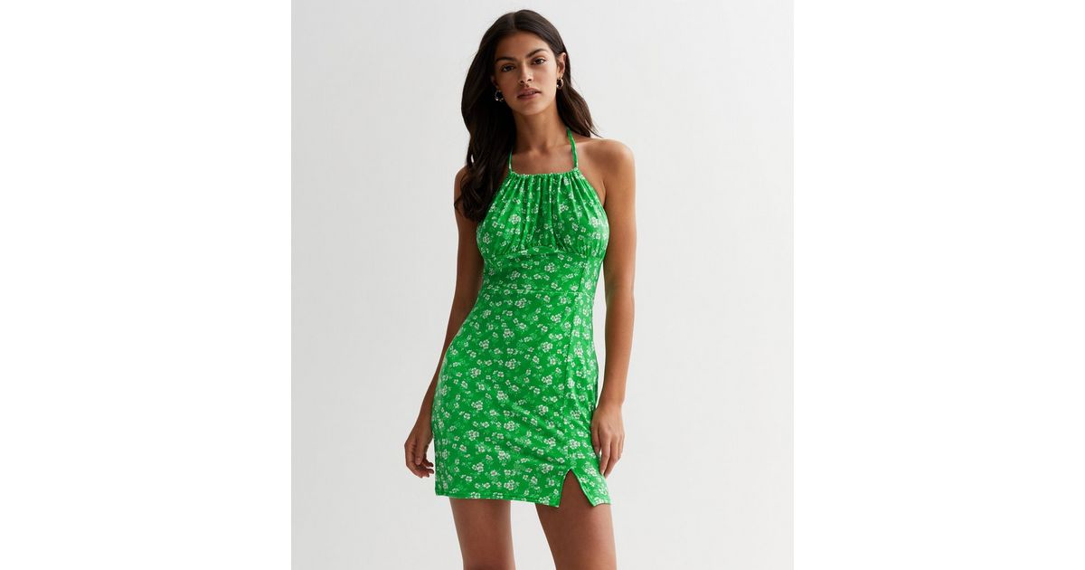 Pink Vanilla Green Floral Halter Mini Dress | New Look