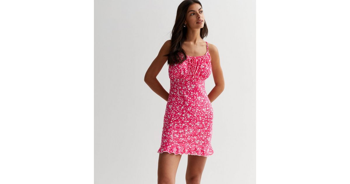 Pink Vanilla Bright Pink Floral Square Neck Mini Dress | New Look