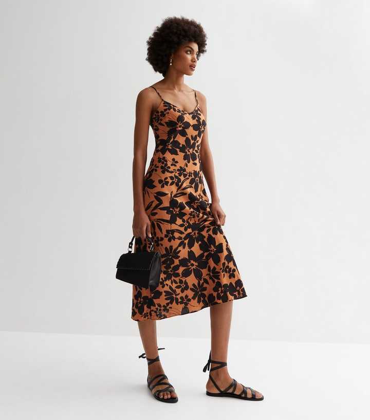 Brown Floral Strappy Midi Dress Brown Floral Strappy Midi Dress