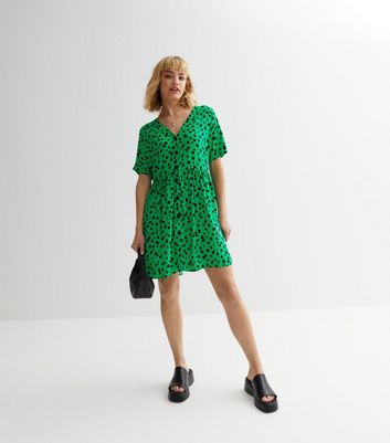 Green Spot Short Sleeve Smock Mini Dress New Look