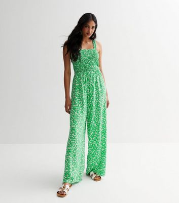 Green Ditsy Floral Ruched Strappy Jumpsuit | New Look