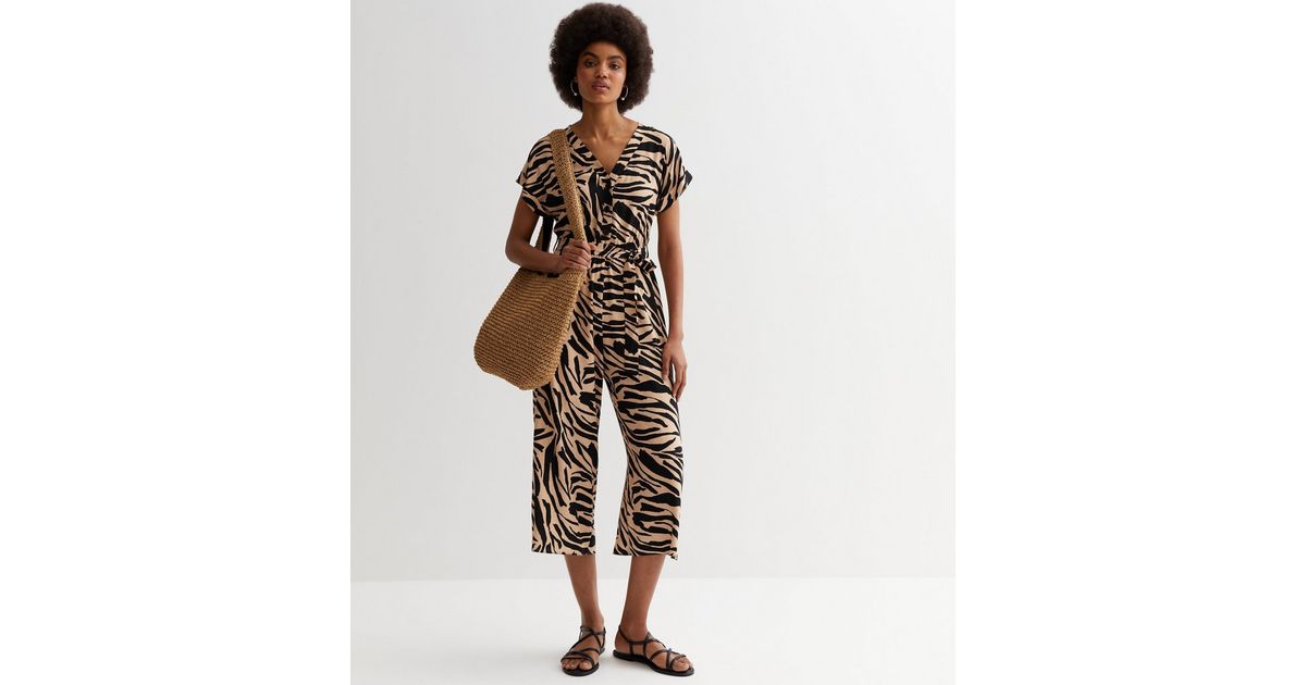 Zebra-Print V-Neck Long-Sleeve Jumpsuit European And American Fashion Style