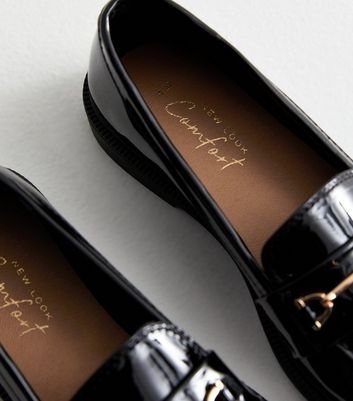 Black Patent Snaffle Trim Loafers New Look