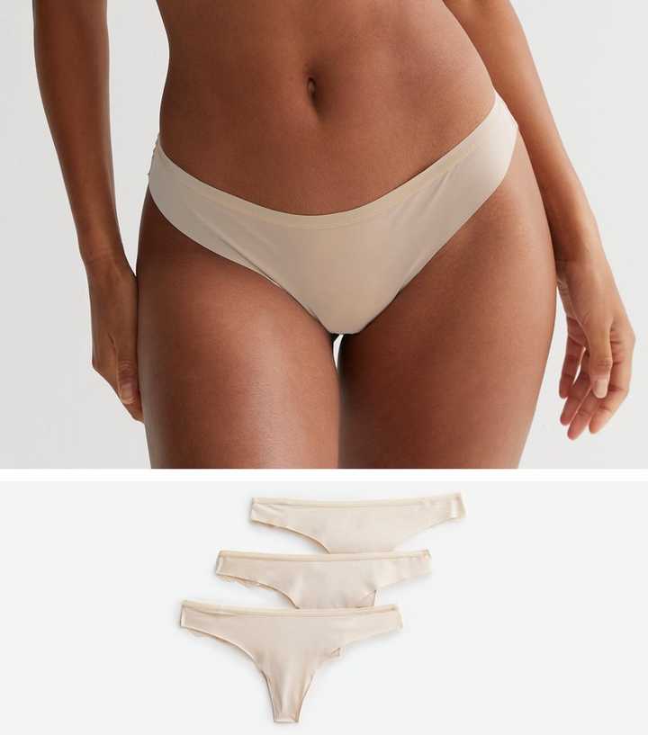 ASOS DESIGN 3 pack thong in no VPL & lace in white, beige and black