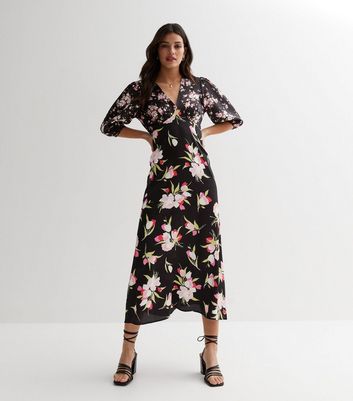 Gini London Black Floral V Neck Midi Dress New Look