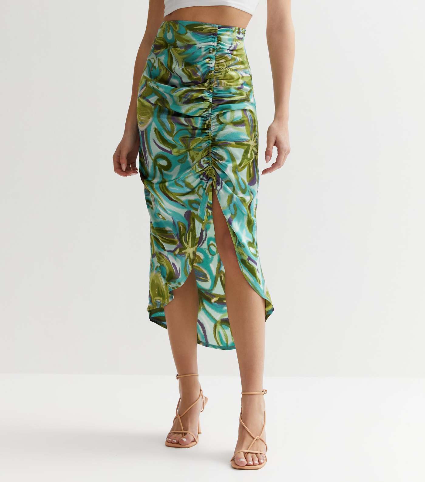 Gini London Green Tropical Ruched Split Midi Skirt Image 2