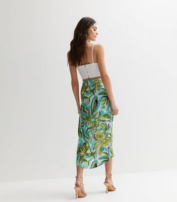Gini London Green Tropical Ruched Split Midi Skirt New Look