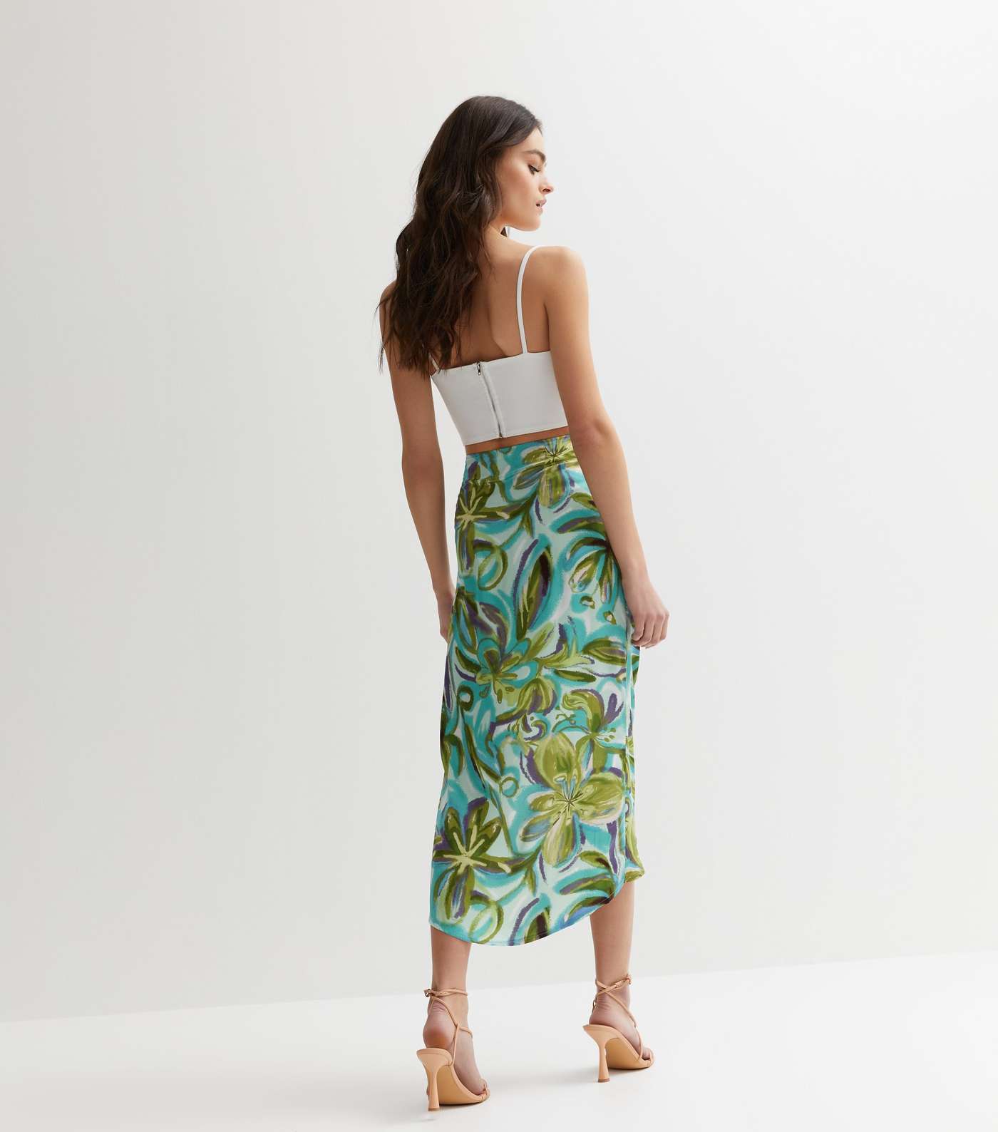 Gini London Green Tropical Ruched Split Midi Skirt Image 4