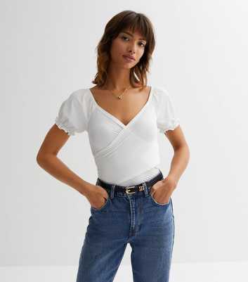 White Ribbed Jersey V Neck Frill Wrap Top
