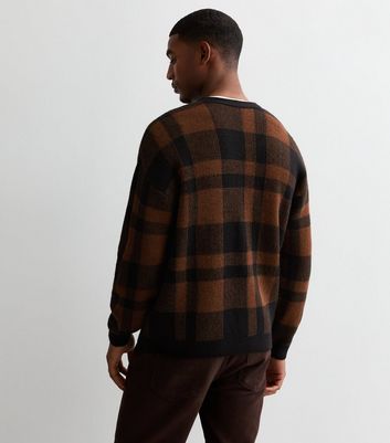 Men's Dark Brown Large Check Knit Oversized Cardigan New Look