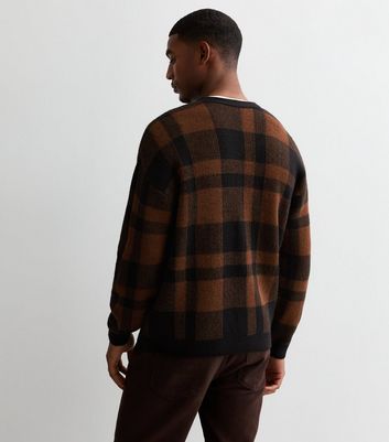 Dark Brown Large Check Knit Oversized Cardigan New Look