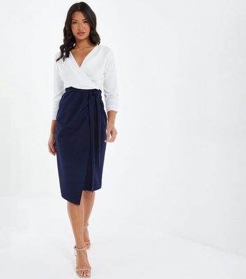 QUIZ Navy Ruched Sleeve 2 in 1 Midi Wrap Dress