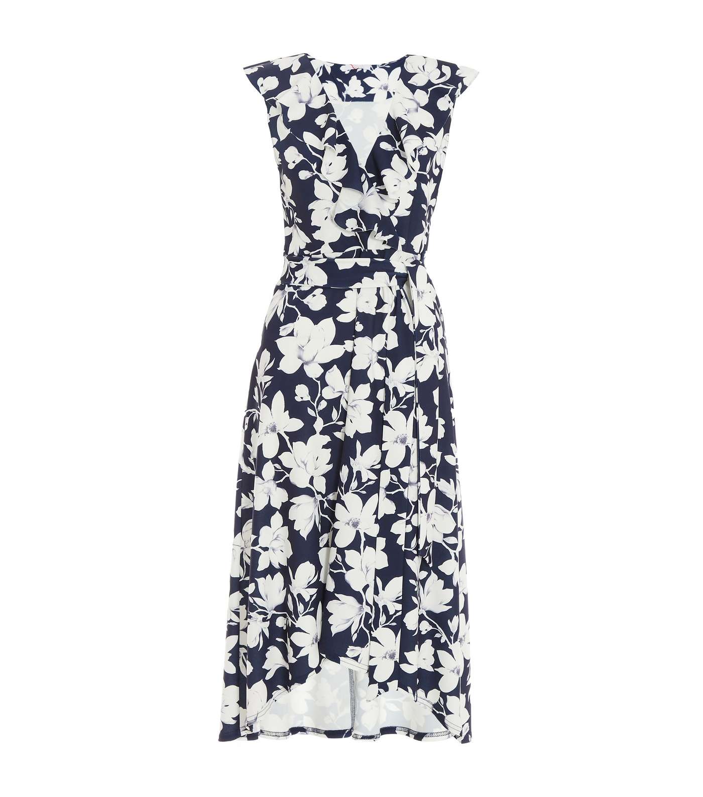 QUIZ Navy Floral Frill Dip Hem Midi Wrap Dress Image 4
