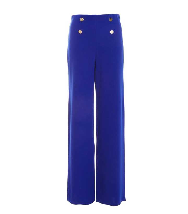 QUIZ Bright Blue Button High Waist Wide Leg Trousers