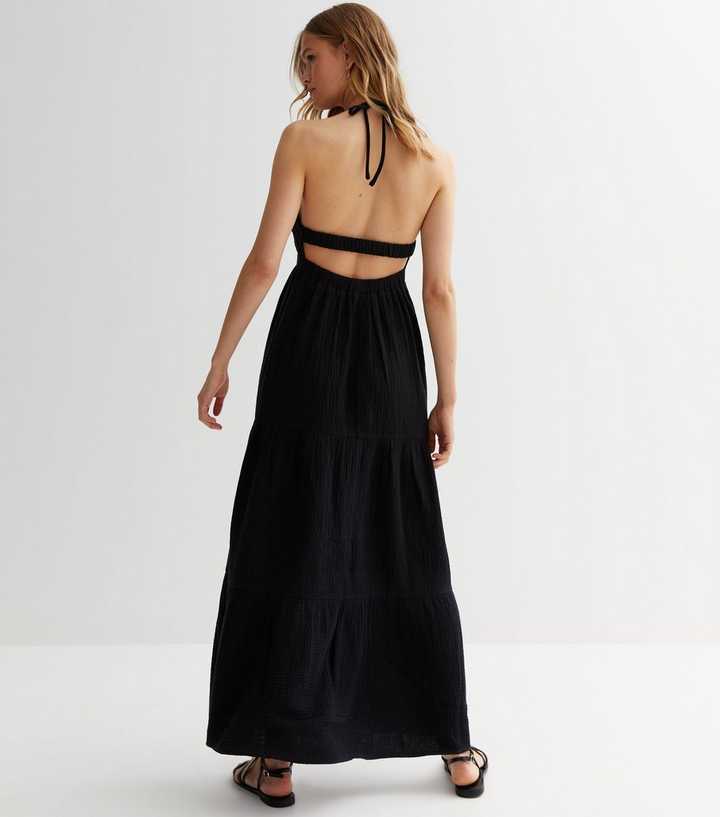 Black Cotton Halter Neck Maxi Dress