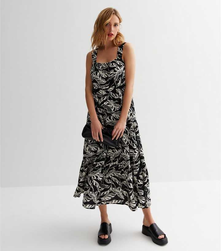 Black Leaf Print Tiered Midaxi Dress