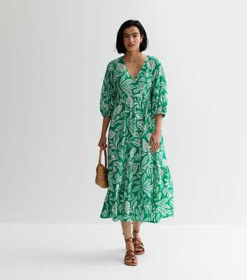 Green Leaf Print Puff Sleeve Smock Midi Dress