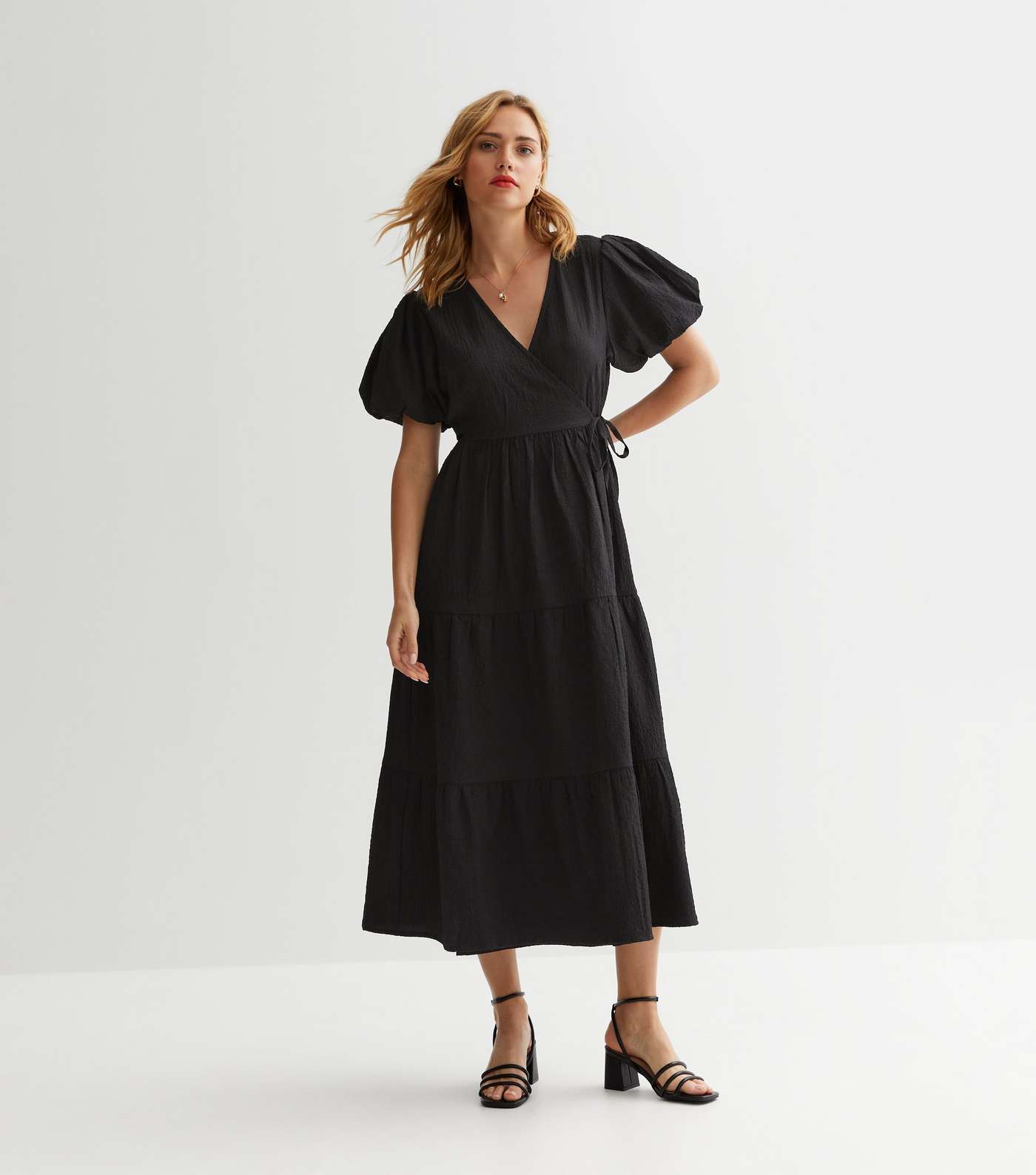 Black Textured Wrap Midaxi Dress | New Look