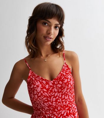 Red Floral Strappy Jumpsuit New Look