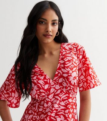 Red Floral Flutter Sleeve Mini Dress New Look