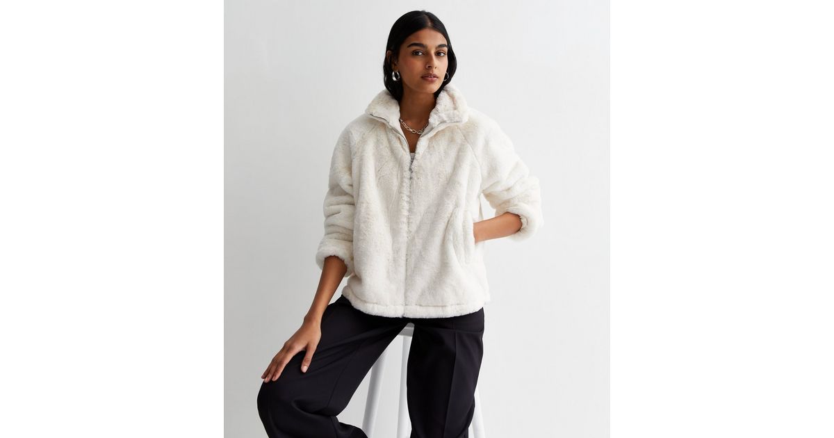 Cream Faux Fur Funnel Neck Zip Coat New Look