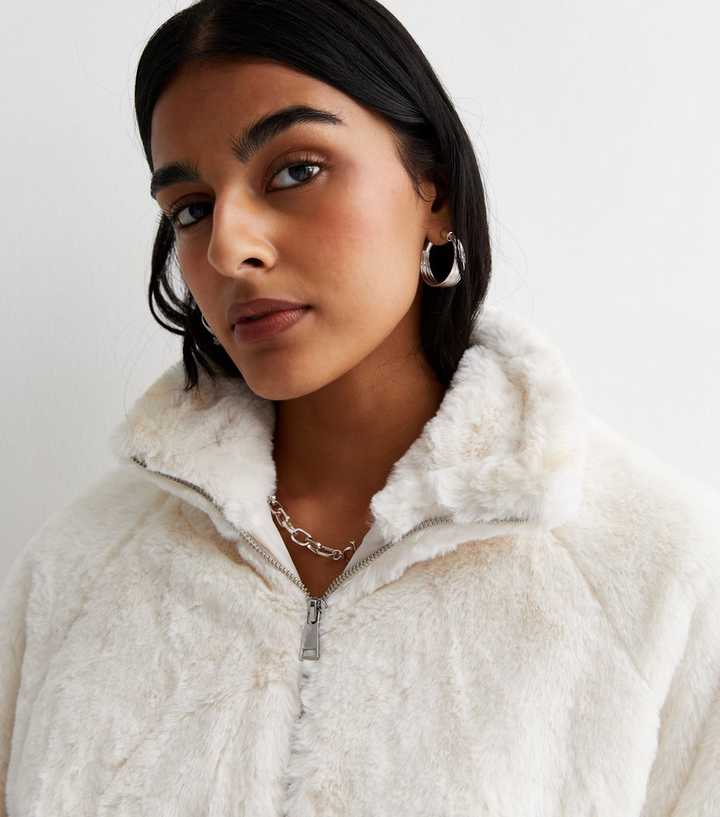 Cream Faux Fur Funnel Neck Zip Coat