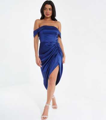 QUIZ Blue Satin Bardot Ruched Side Midi Dress